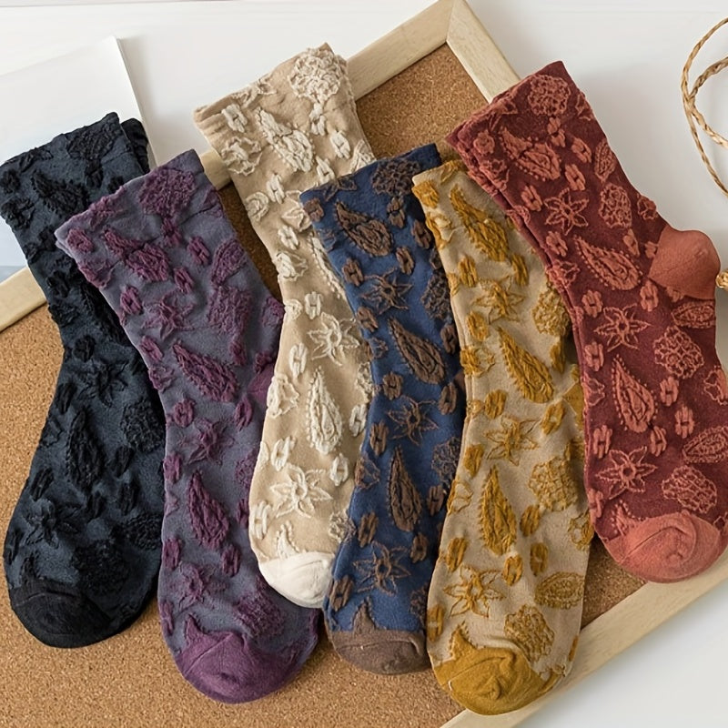 6 Pairs 3D Floral Textured Socks Retro Court Style Mid Tube Socks
