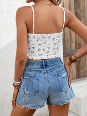 Floral Print Ruffle Trim Cami Top Backless Crop Spaghetti Strap Top