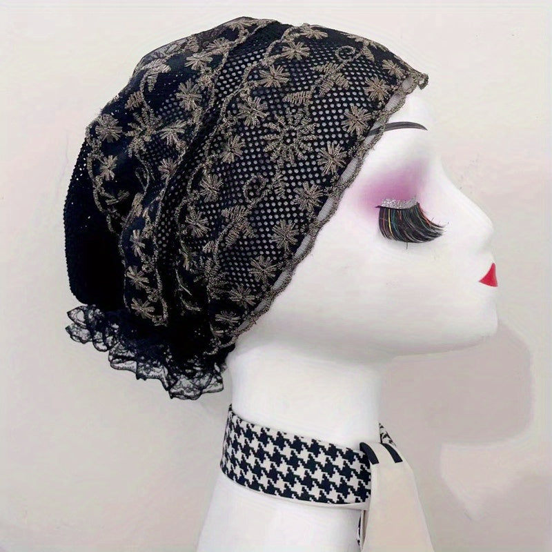 Lace Embroidery Turban Cap Vintage Beanie Women Ramadan Hijab Chemo Hats