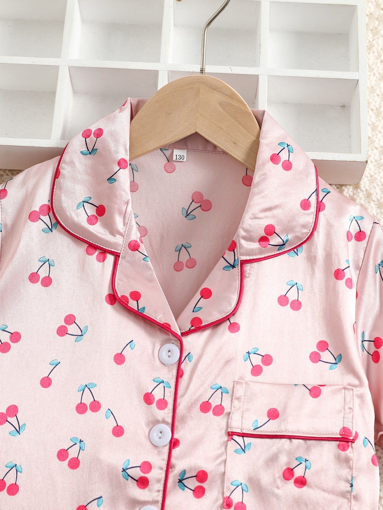 Girls Cherry Print Satin Pajama Set with Lapel Neck
