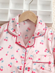 Girls Cherry Print Satin Pajama Set with Lapel Neck