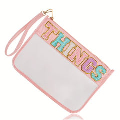 Monogram PVC & PU Clear Zipper Pouch Wristlet Glitter Makeup Beach Pouch