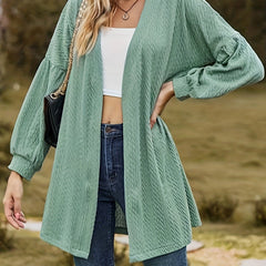 Casual Cardigan Solid Jacquard Lantern Sleeve