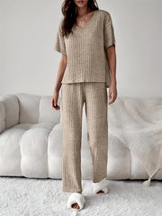 Plus Size Ribbed Short Sleeve V Neck Top & Pants Set