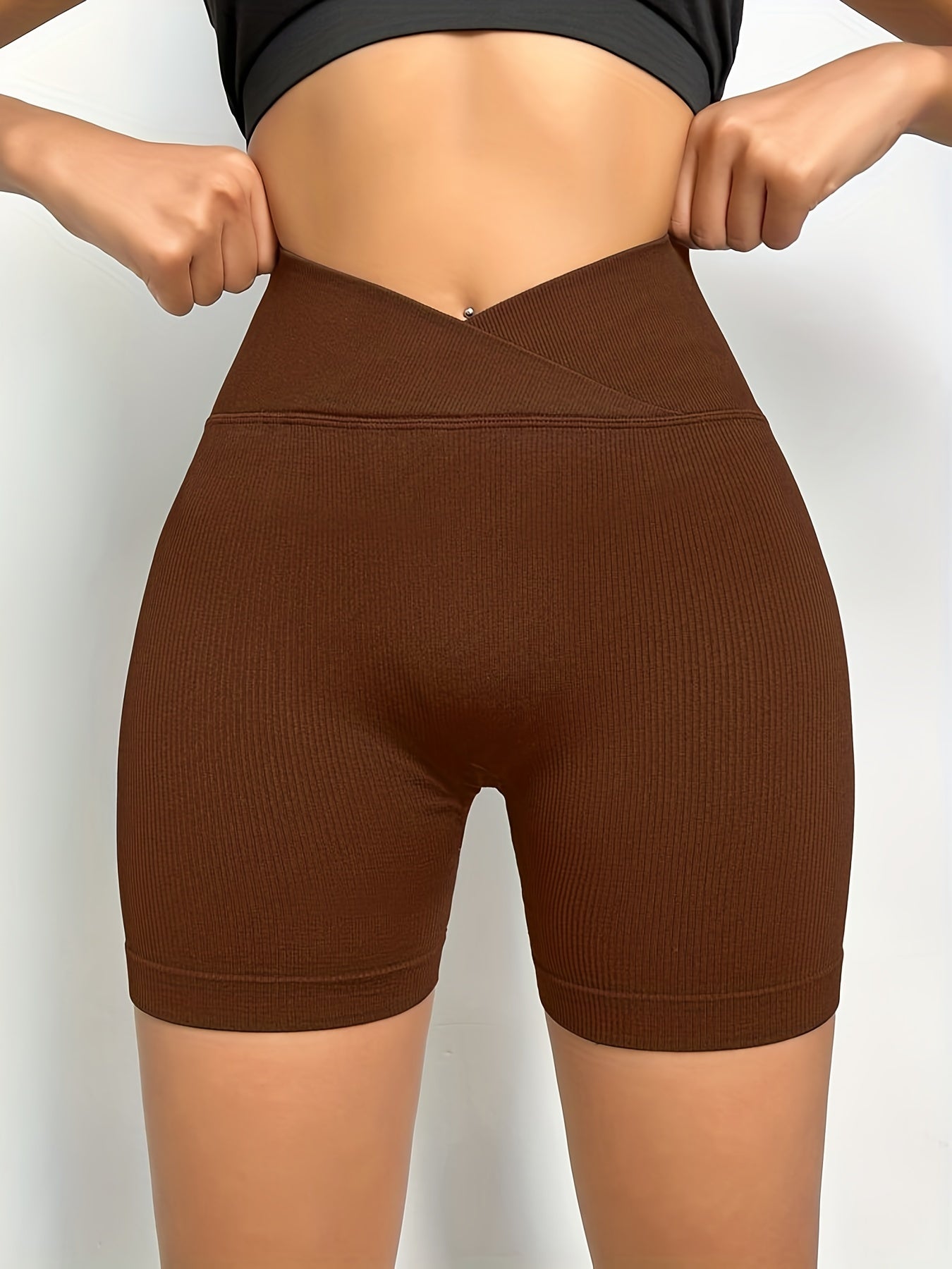 Women's High Waisted Cross Waist Ribbed Sports Yoga Shorts