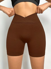 Women's High Waisted Cross Waist Ribbed Sports Yoga Shorts