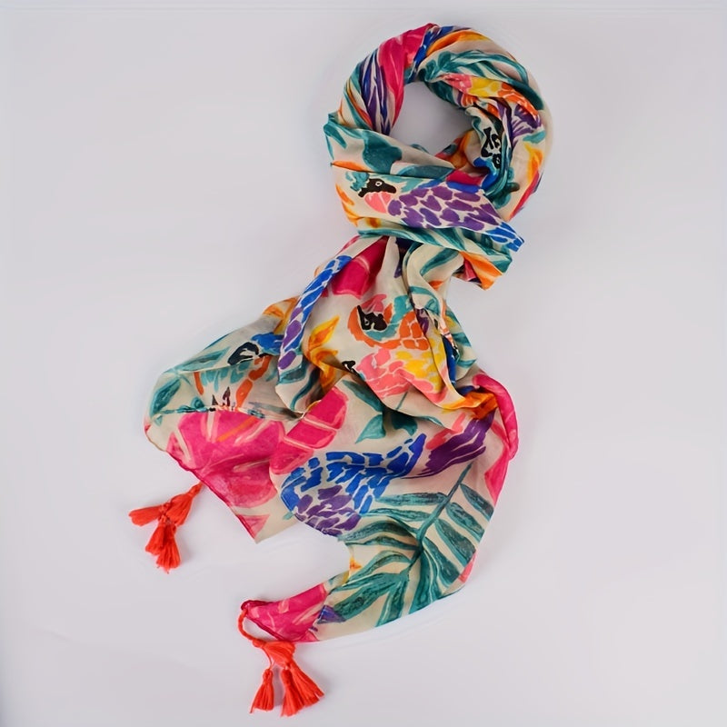 Boho Leaf Print Voile Scarf Tassel Shawl Classic Windproof Head Wrap