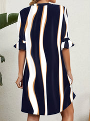 Colorblock Stripe Print Bell Sleeve Notched Neck Mini Dress
