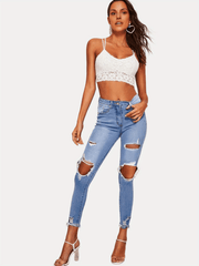 High Waist Distressed Skinny Jeans Casual Denim Pants