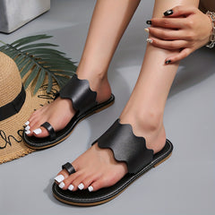 Women's Flat Toe Loop Sandals Scallop Trim Slip On Shoes