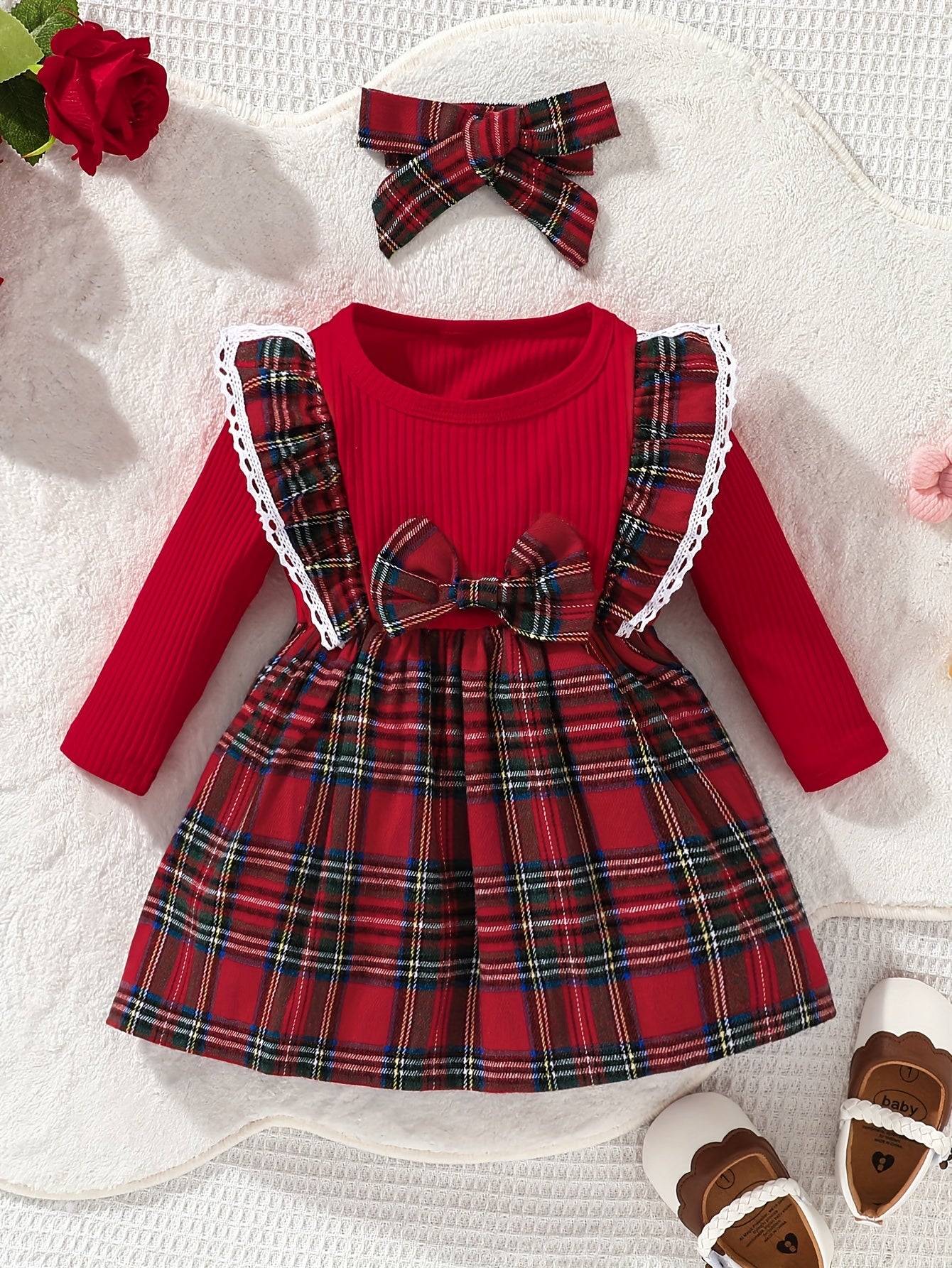 Christmas Baby Girl Plaid Ruffle Long Sleeve Dress With Bowknot & Headband