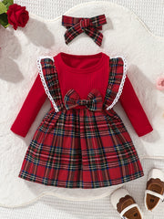 Christmas Baby Girl Plaid Ruffle Long Sleeve Dress With Bowknot & Headband