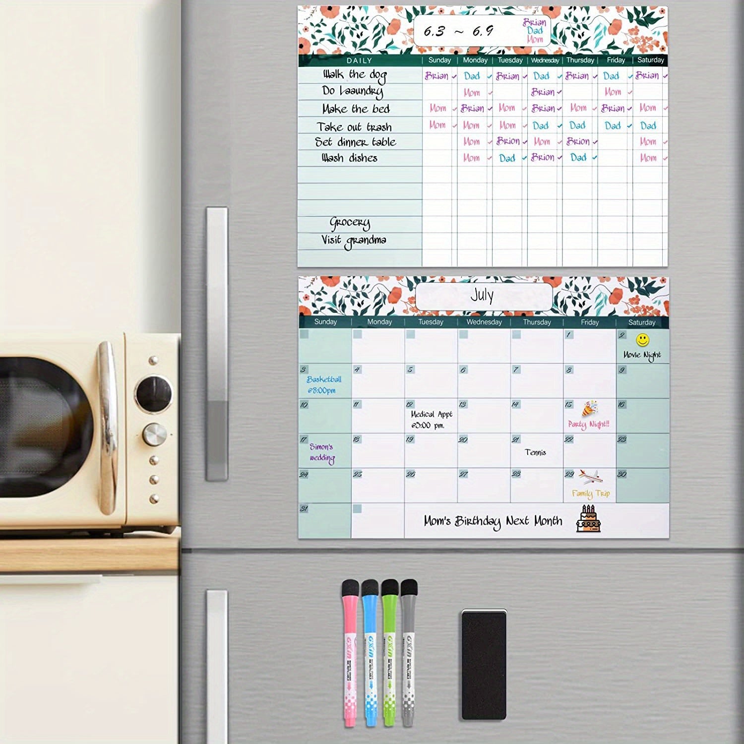 Magnetic Dry Erase Fridge Calendar and Chore Chart