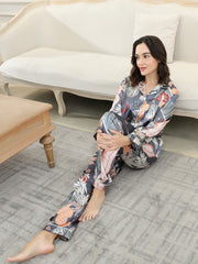 Leopard Print Satin Pajama Set Long Sleeve Top & Pants