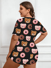 Donut & Bear Print Short Sleeve Button Up Loungewear Romper