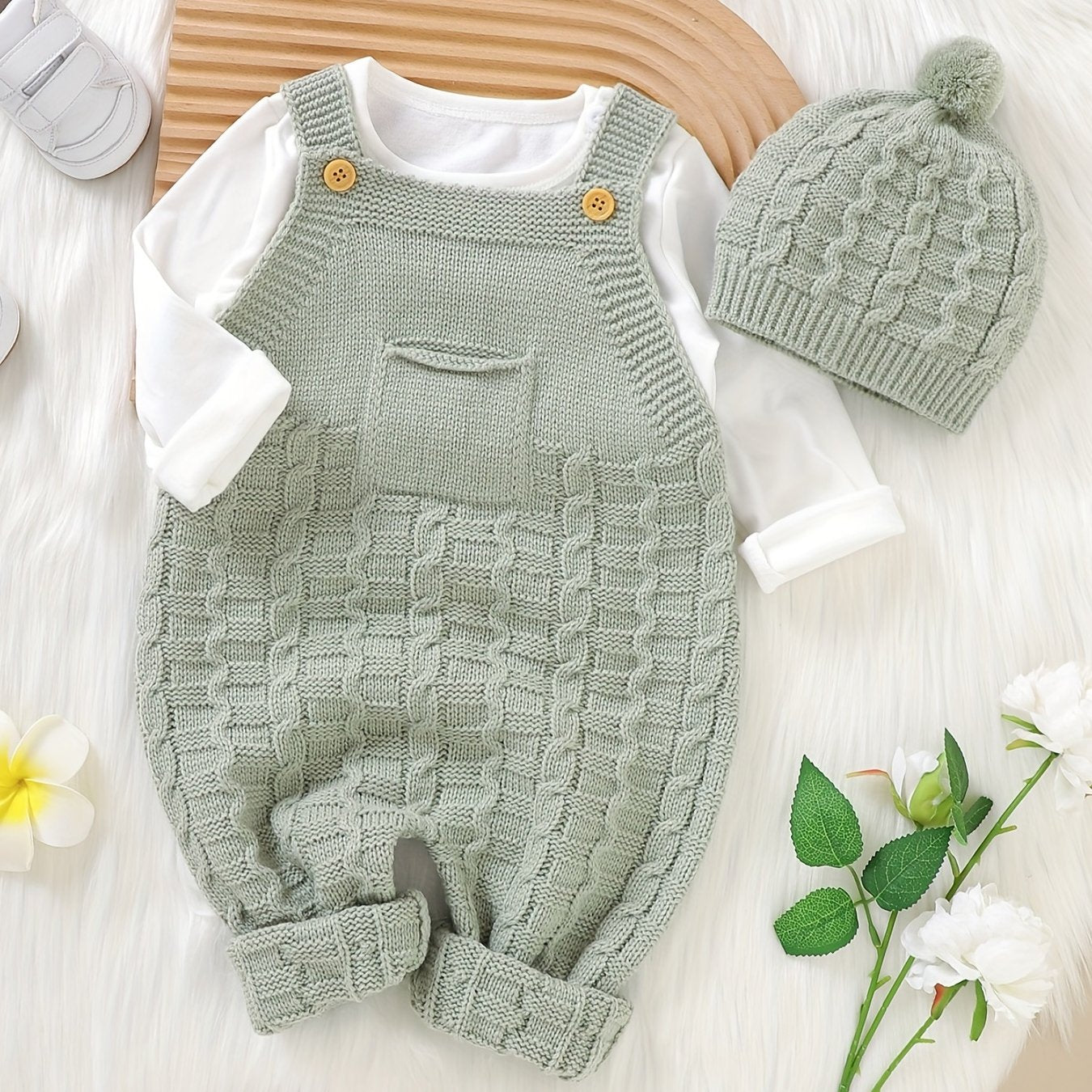 Baby Knitted Suspenders Romper & Hat Set