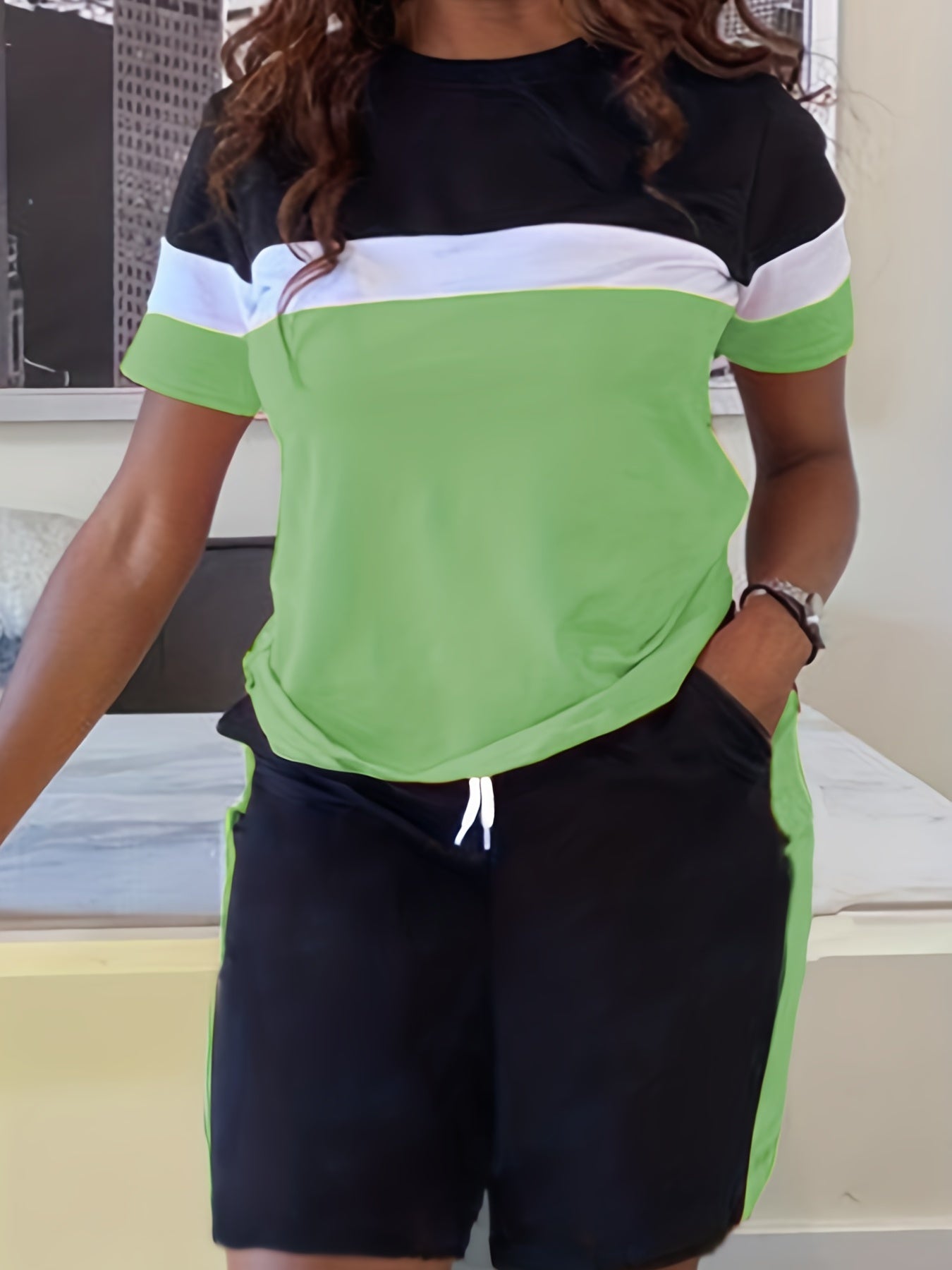 Colorblock Stripe Tee & Drawstring Shorts Set