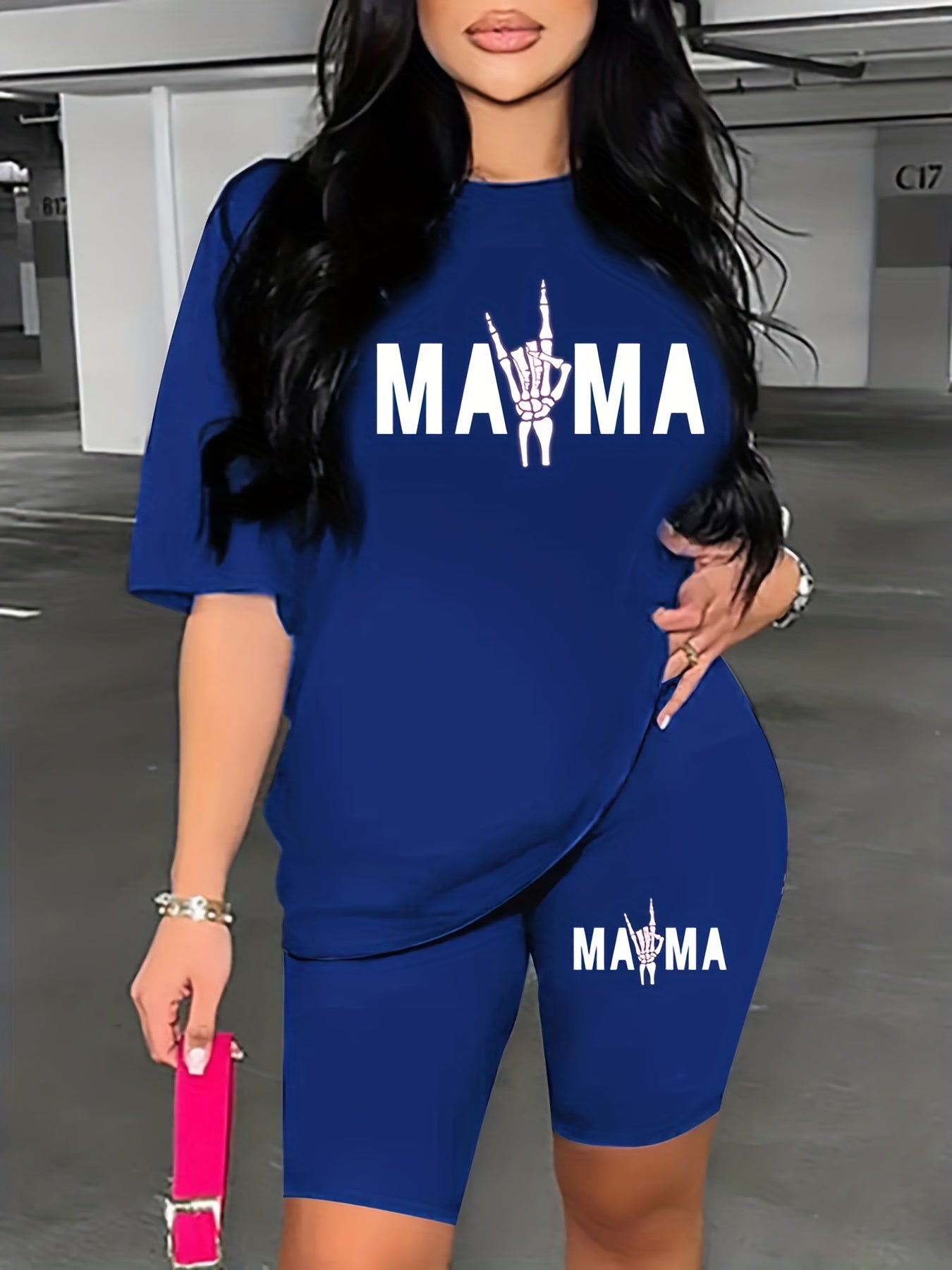 Mama Letter Print Short Sleeve T Shirt & Biker Shorts Set