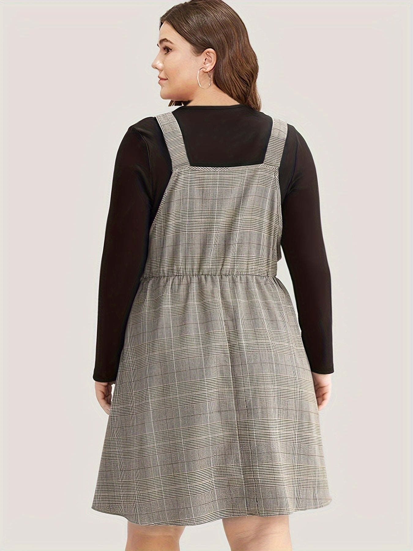 Preppy Outfits Long Sleeve Top & Plaid Overall Dress