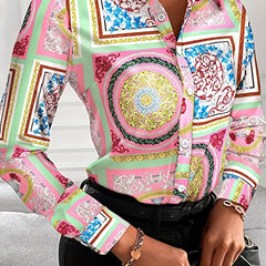 Boho Blouse Patchwork Print Long Sleeve Button Up Shirt Top