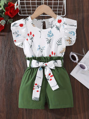 Girl's Floral Pattern Ruffle Sleeve Shirt & Belted Shorts Set