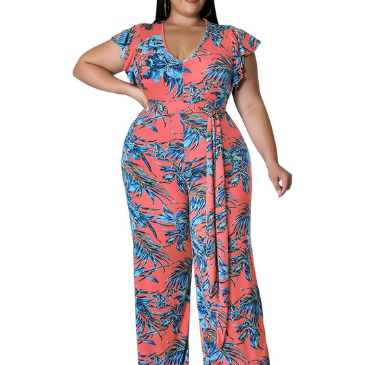 Floral Print Cap Sleeve Jumpsuit Women's Plus Size