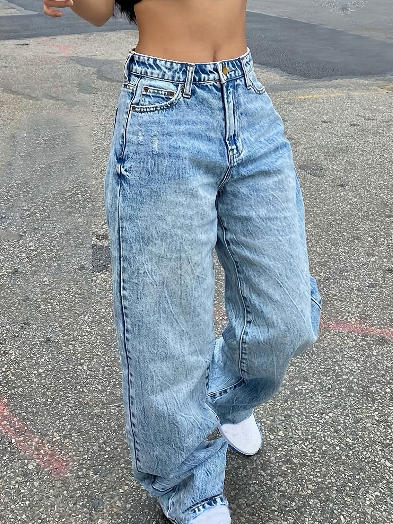 High Waist Straight Jeans Loose Fit Slash Pockets