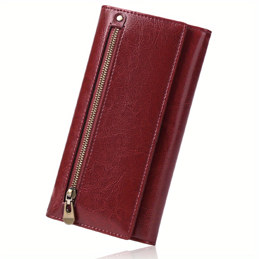 Vintage Style Split Leather Long Wallet Zippered Coin Purse