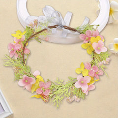 Floral Bridal Flower Crown Headband with Leaf Wreath & Pink Yellow Flowers