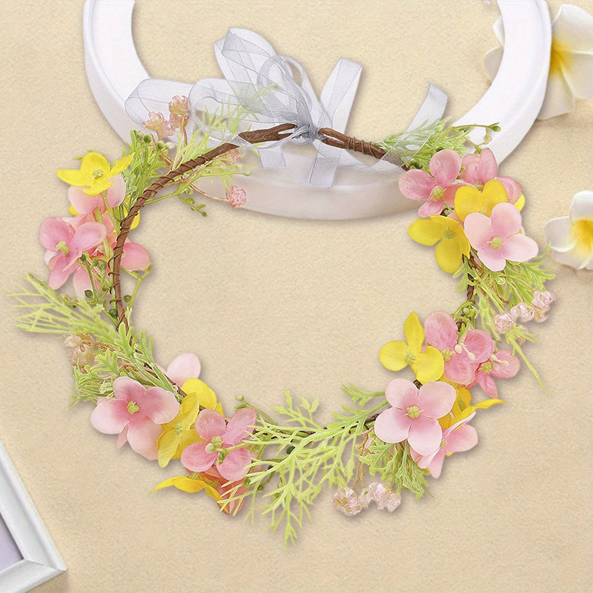 Floral Crown Headband Artificial Rattan Leaf Hair Wreath with Ribbon