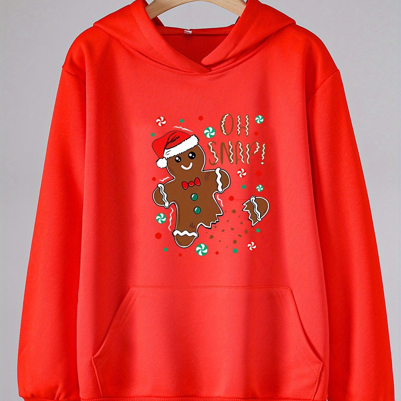 Girls Christmas Gingerbread Print Hoodie Pullover Long Sleeve Top