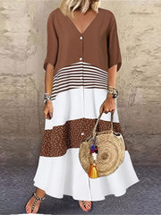 Colorblock Half Sleeve V Neck Maxi Shirt Dress