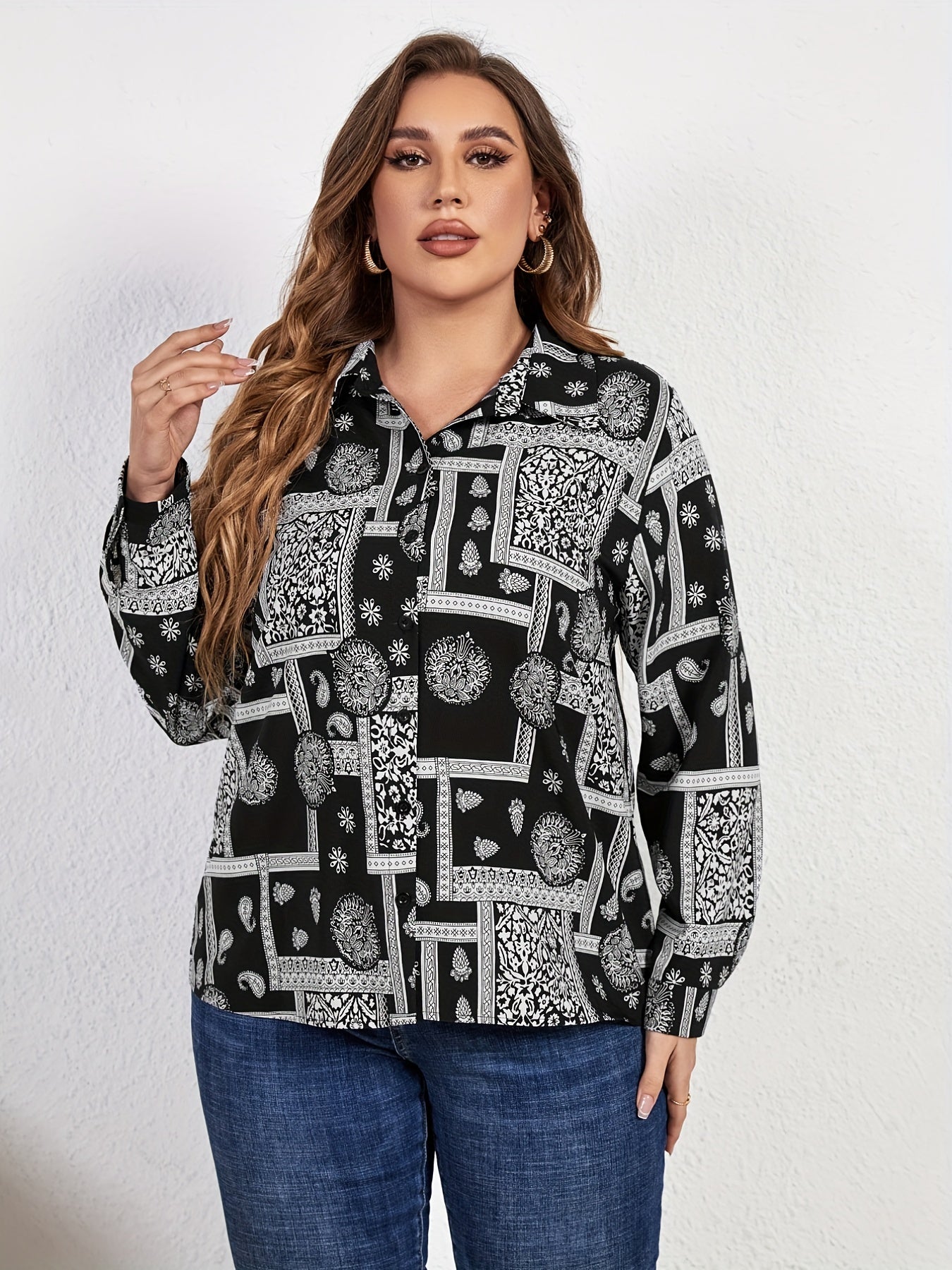 Boho Blouse Women's Plus Paisley & Scarf Print Long Sleeve