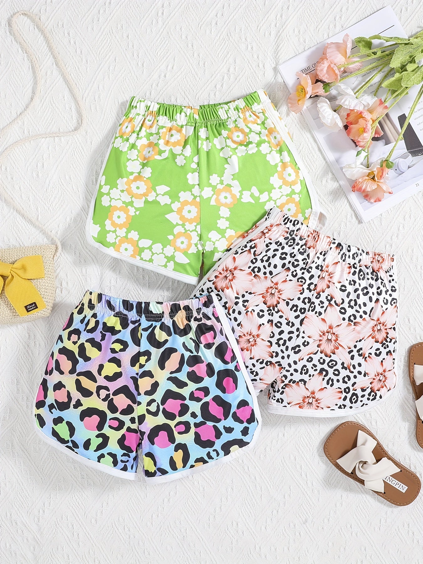 3pcs Toddler Girls Casual Shorts Set Leopard Print Floral Cow Flowers