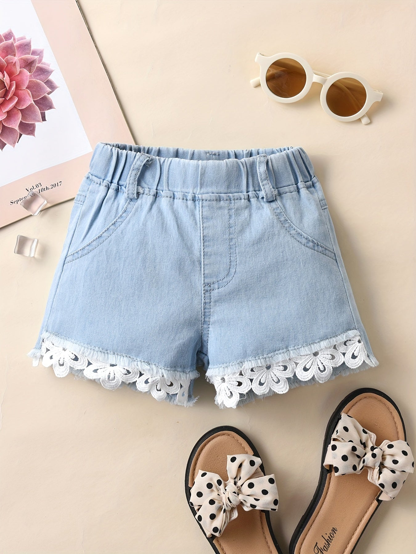 Girls' Denim Lace Shorts - Summer Casual Short Jeans