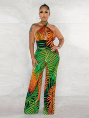 Tropical Print Halter Neck Jumpsuit Backless Wide Leg