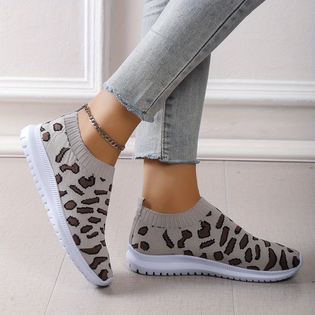 Women's Leopard Printed Sock Sneakers Low Top Slip On Walking Shoes