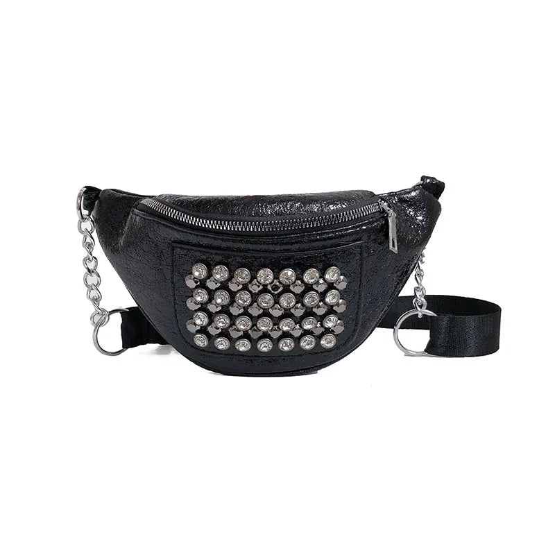 5PCS Punk Women Waist Pack Rhinestone PU Leather Chest Shoulder Bags