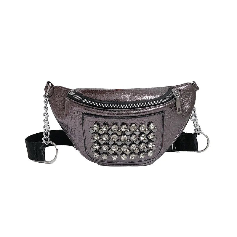 5PCS Punk Women Waist Pack Rhinestone PU Leather Chest Shoulder Bags