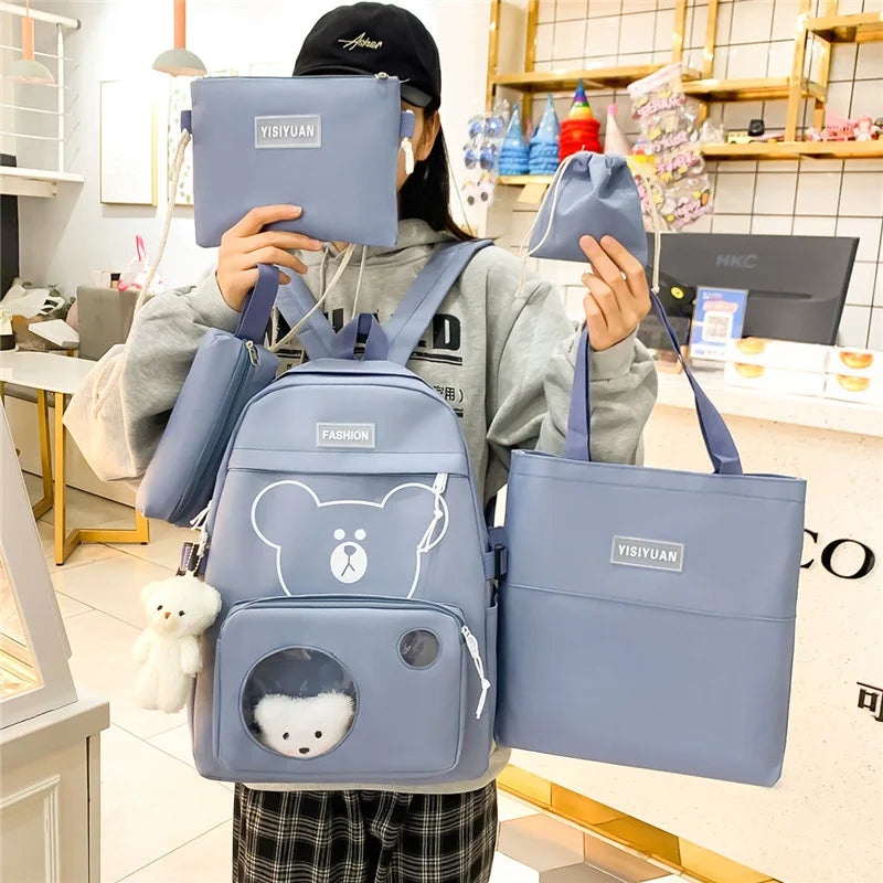 5Pcs Kids Schoolbags Canvas Travel Backpacks with Handbag Shoulder Bags