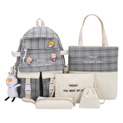 5Pcs/set Canvas Backpack Schoolbags for Girls Tote Book Bag Student Rucksack