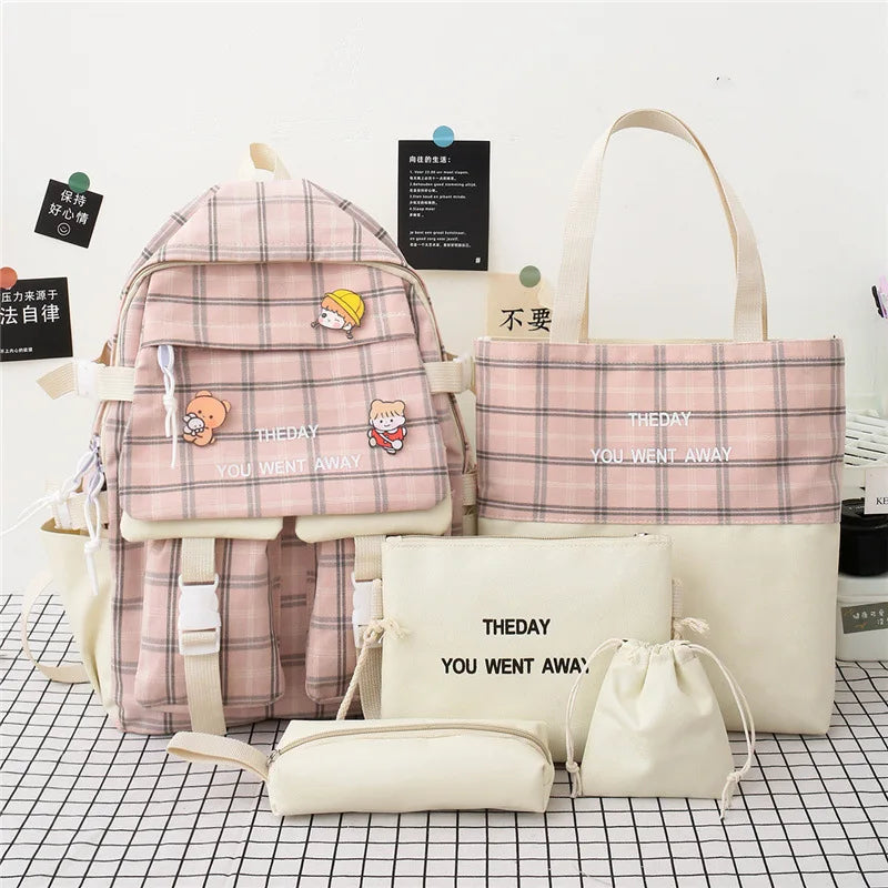 5Pcs/set Canvas Backpack Schoolbags for Girls Tote Book Bag Student Rucksack