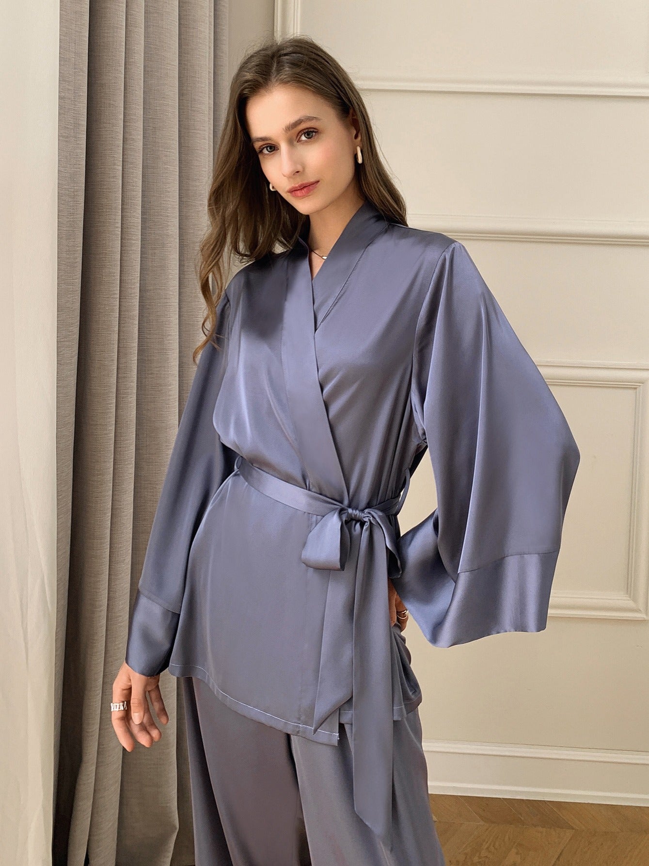 Women's Solid Satin Pajama Set with Shawl Collar