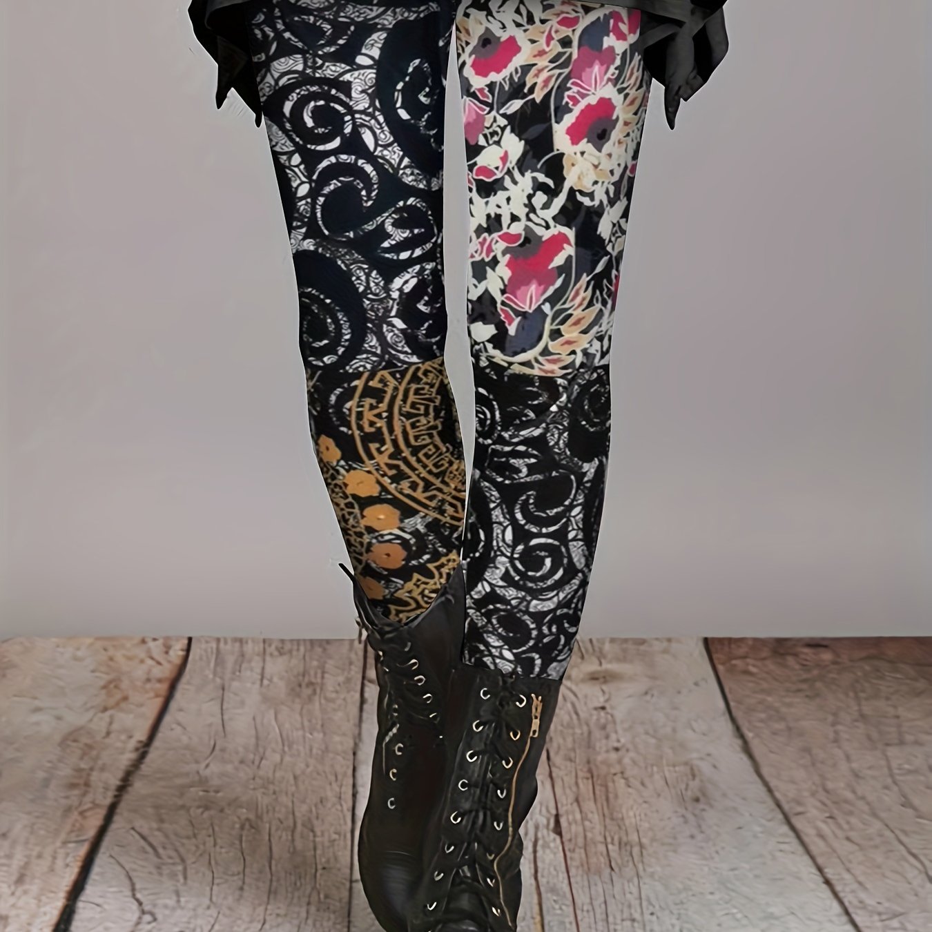 Women's Plus Baroque Floral Print High Stretch Retro Leggings