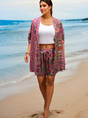 Ethnic Print Two-Piece Set Open Front Top & Drawstring Shorts