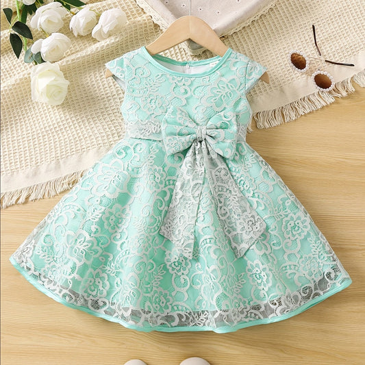 Girls Lace Mesh Flutter Sleeve Bow Front Party Princess Dress