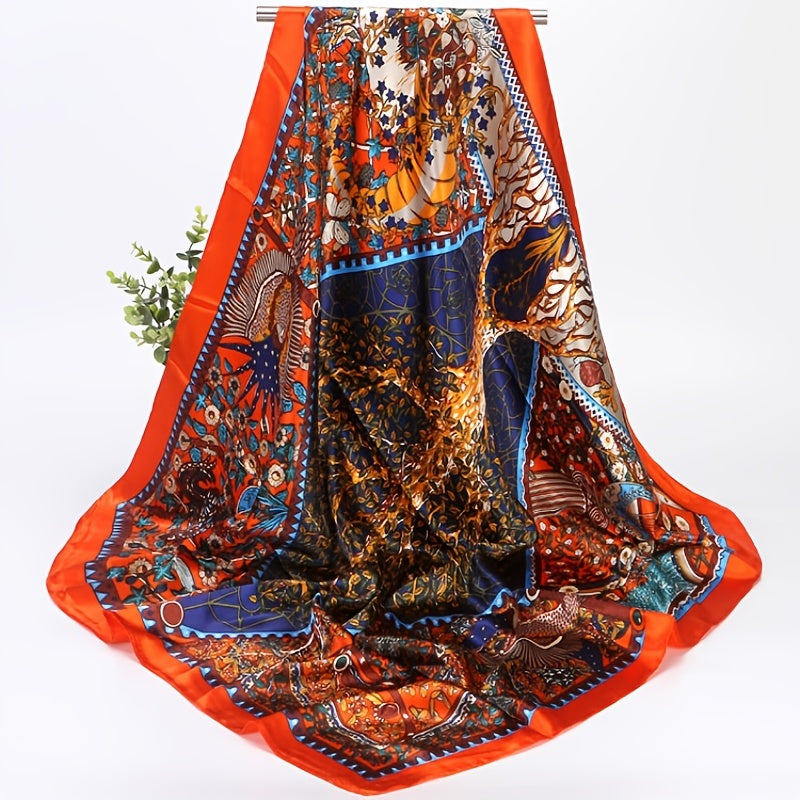 Vintage Flower Print Square Satin Scarf Silk Shawl Head Wrap Bandana Hijab