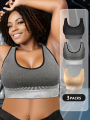 3 Pack Plus Size Sports Bra Set Women's Plus Striped Shockproof Skinny