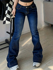 Baggy Flare Leg Jeans Plain Washed Casual Bootcut Denim