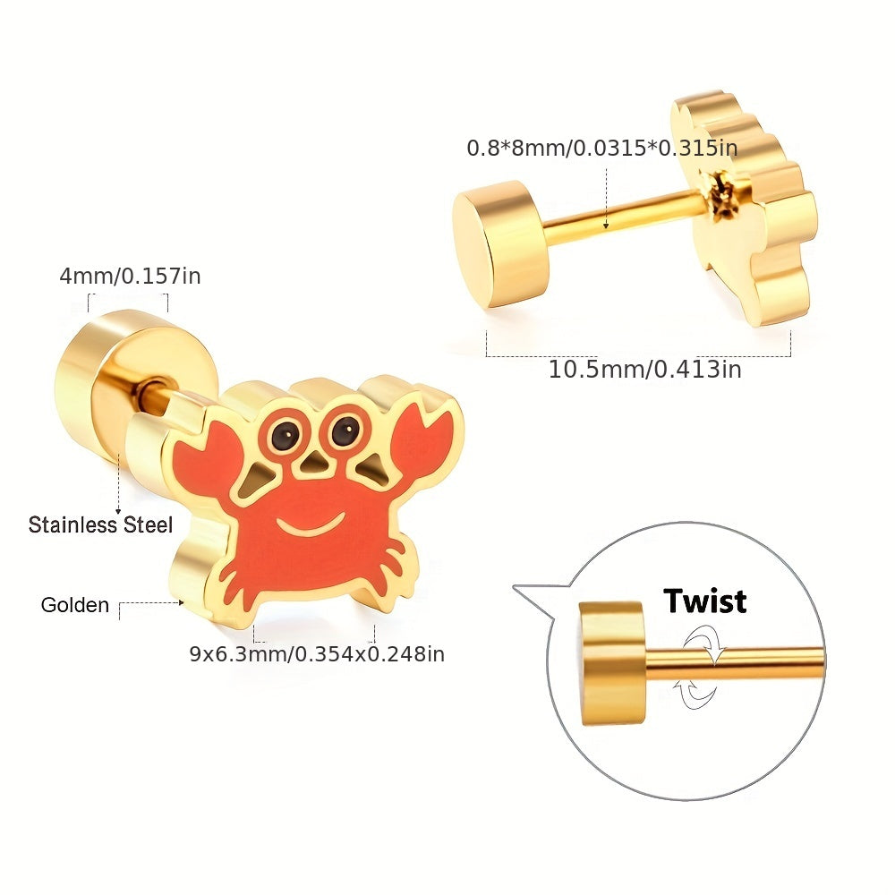 Cute Mini Crab Yellow Duck Pig Stud Earrings Set for Kids